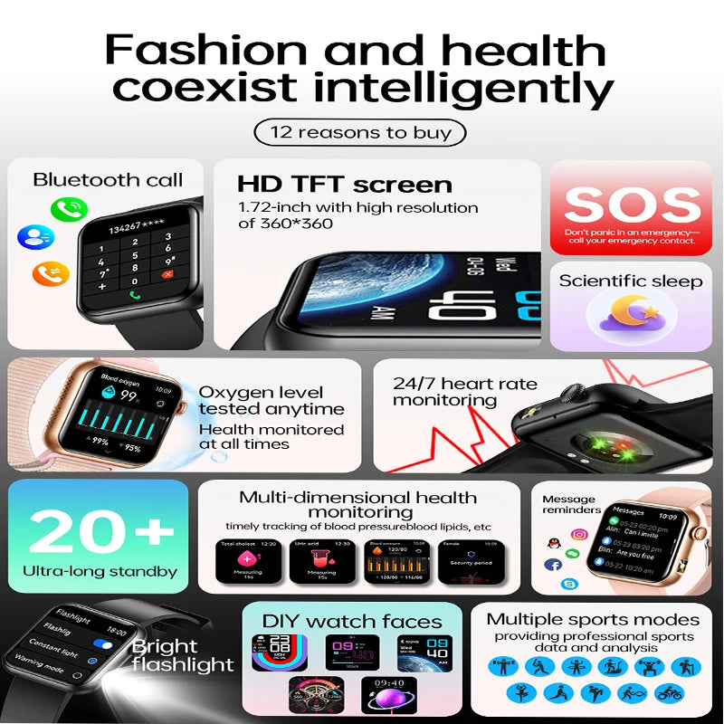 AI Smart Watch - HRV+PPG Blood Pressure Monitor, IP68 Waterproof