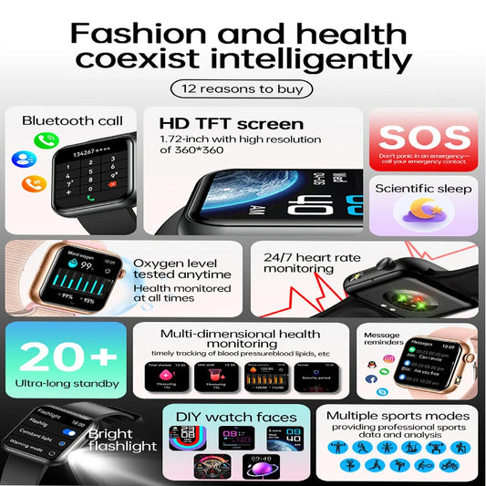 AI Smart Watch - HRV+PPG Blood Pressure Monitor, IP68 Waterproof