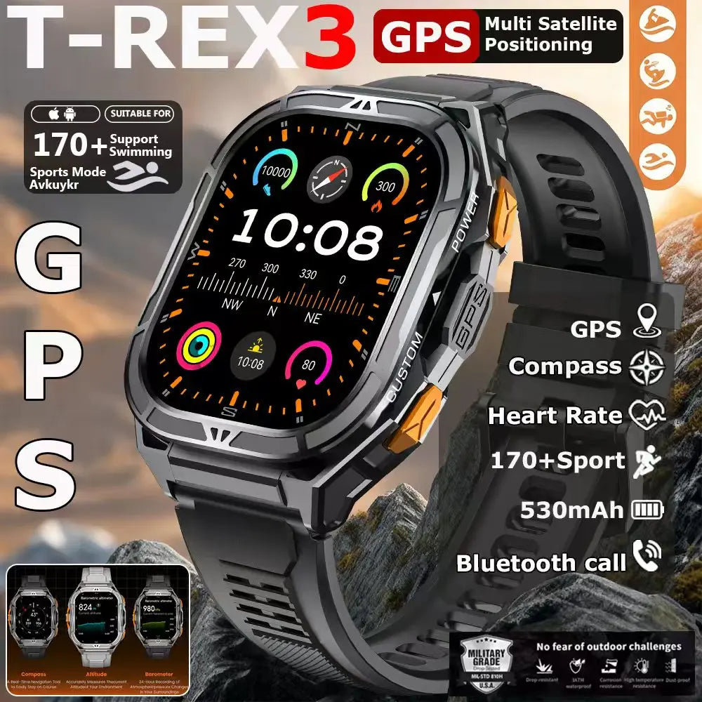 Military GPS Smart Watch - 5ATM Waterproof Bluetooth Call Compass Heart Rate