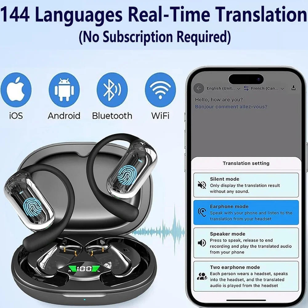 AI Translation Earbuds with Ear Hook - Bluetooth 5.3 Open Ear