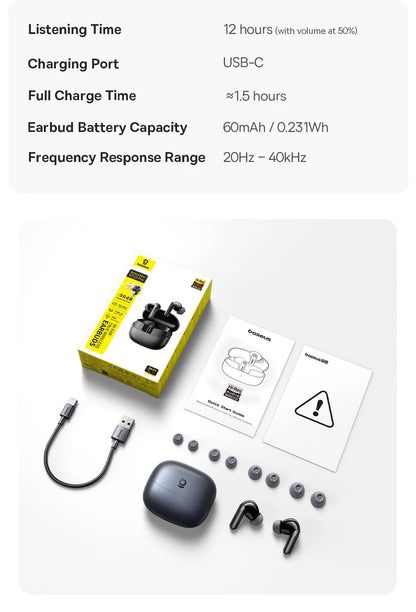 Baseus EP10 Pro ANC Earbuds Wireless Bluetooth 6.0 Earphones 50dB Realtime Adaptive Headphones 6 Mic Hi-Res LDAC IP55  Ear buds