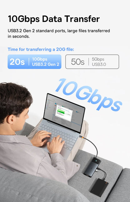 Baseus USB C HUB Dual HDMI 8K 4K Adapter 10-in-1 USB 3.2 10Gbps Splitter with RJ45 SD TF Type C PD 100W for MacBook Pro Air HUB