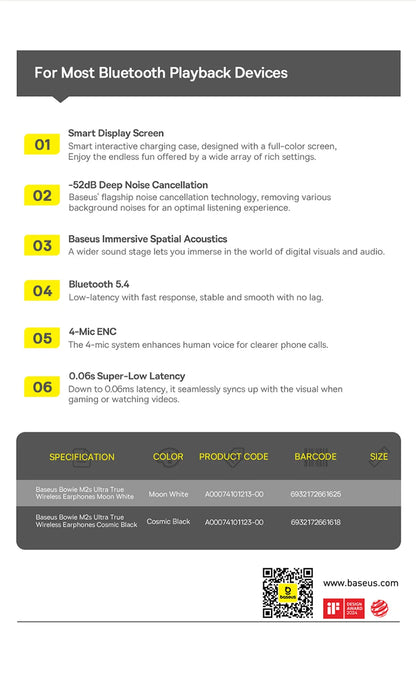 Baseus Bowie M2s Ultra Wireless Earphones Smart Screen 52dB Noise Cancelling Bluetooth 5.4 Headphones 3D Audio Spatial Earbuds