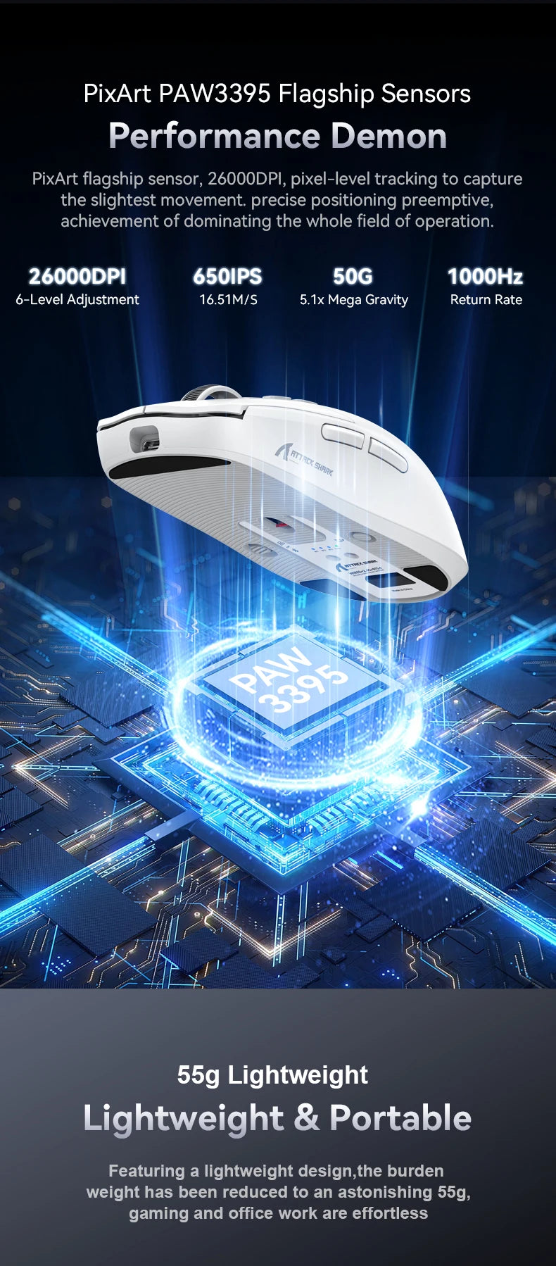 ATTACK SHARK X6 Mouse,PAW3395 Bluetooth Tri-Mode Connection,RGB Touch Magnetic Charging Base,Macro Gaming Mouse