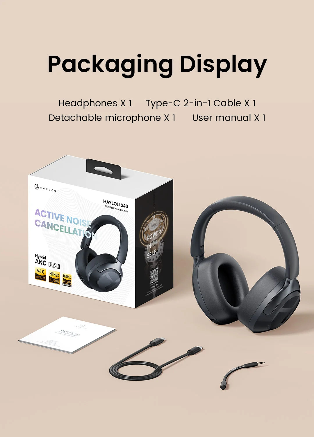 HAYLOU S40 ANC Headphones - 50dB Noise Canceling, Hi-Res Audio, Bluetooth 6.0