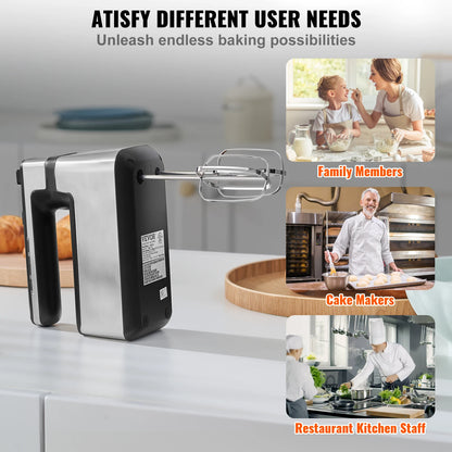 VEVOR Cordless Electric Hand Mixer - Variable Speed Rechargeable Baking Mixer