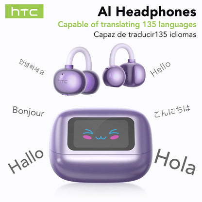HTC NE54 AI Translator Earbuds - LCD Screen, Ear Clip Design