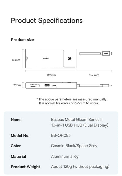 Baseus USB C HUB Dual HDMI 8K 4K Adapter 10-in-1 USB 3.2 10Gbps Splitter with RJ45 SD TF Type C PD 100W for MacBook Pro Air HUB