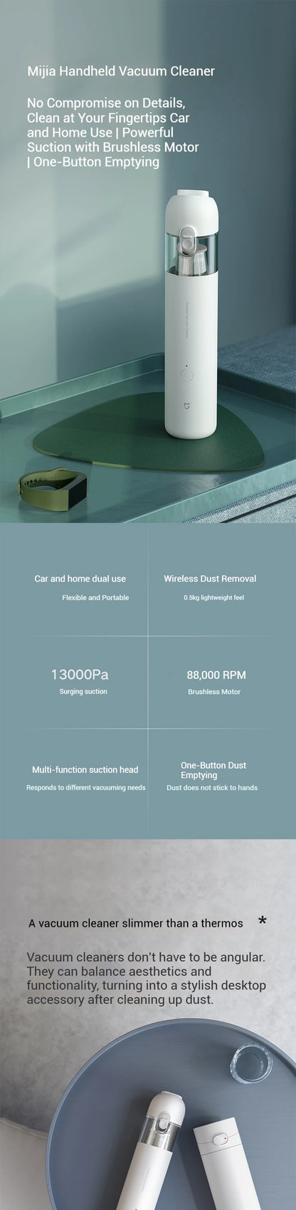 Xiaomi Mijia Handheld Vacuum - 12000Pa Cordless Rechargeable Car Pet Hair