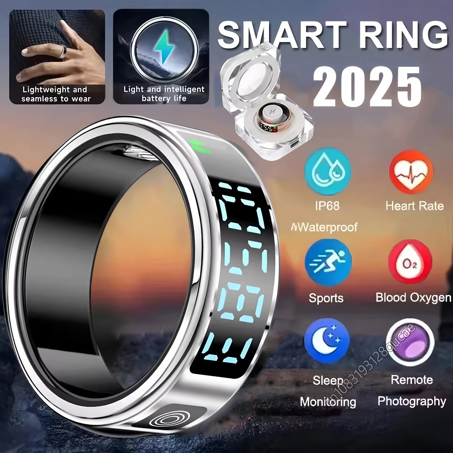 R12 Smart Ring - Display Screen, Wireless Charging, Health Tracker, Waterproof