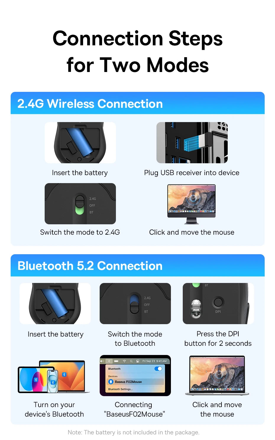 Baseus F02 Wireless Mouse Bluetooth 5.2 2.4G 4000DPI Ergonomic 7 Mute Buttons Mice for iPad MacBook Tablet Laptop Computer Mouse