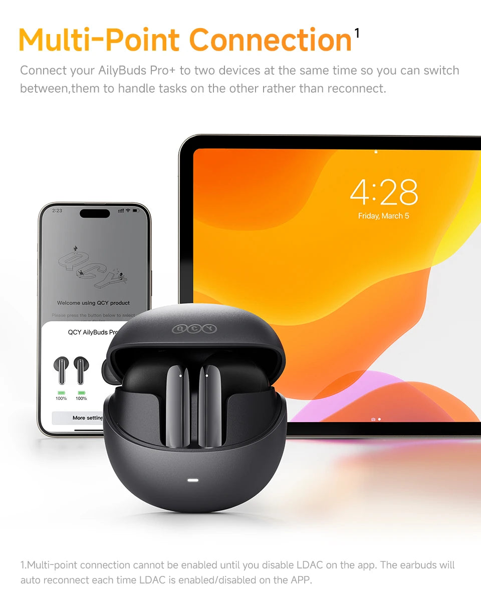 QCY HT10 AilyBuds Pro+ ANC Wireless Earphone Hi-Res Audio with LDAC Bluetooth 5.3 Earbuds 6 Mic AI HD Call Multipoint Connection