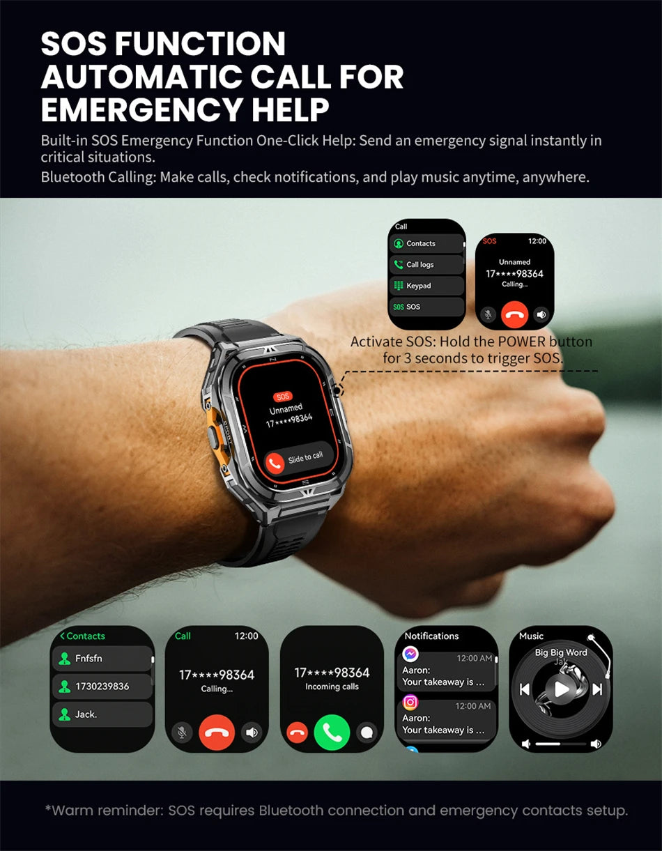 Military GPS Smart Watch - 5ATM Waterproof Bluetooth Call Compass Heart Rate