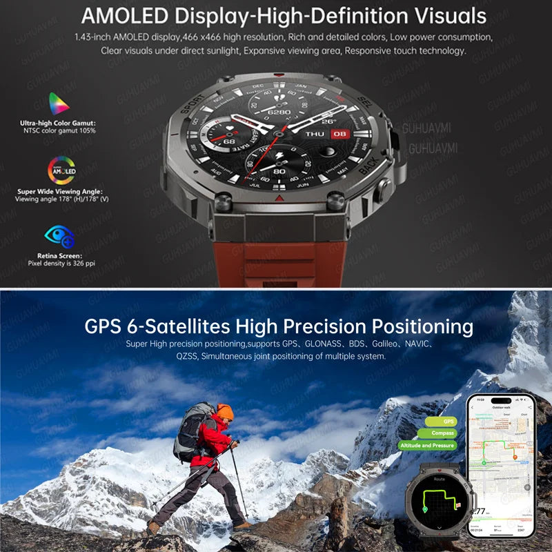 T-Rex 3 GPS Smart Watch - 10ATM Waterproof Dual-band GNSS Military Smartwatch