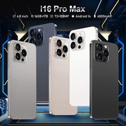 I16 Pro Max 2026 New HOT 6.8inch HD Global Edition Original Smart Dual Card 6800mAh Battery Facial Recognition Function