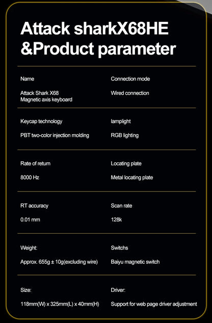 X68HE ATTACK SHARK Magnetic Gaming Keyboard Mechanical Wired for Pro Gaming 0.01mm Rapid Trigg 8000Hz SOCD/Rs 0.125ms 128K Rate