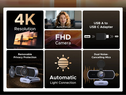 UGREEN 4K FHD 1080P Webcam 8MP for PC, PDAF Auto Focus, Dual AI Noise-Cancelling Mics, Web cam Camera for Zoom/Teams/Google Meet