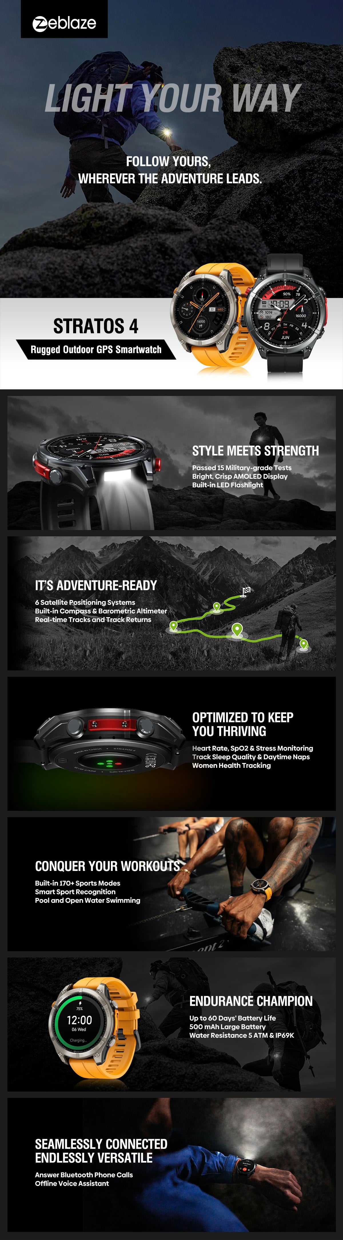 Zeblaze Stratos 4 GPS Smartwatch - 1.43" AMOLED, Compass, Altimeter