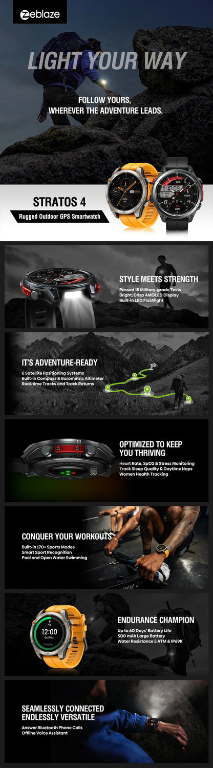 Zeblaze Stratos 4 GPS Smartwatch - 1.43" AMOLED, Compass, Altimeter