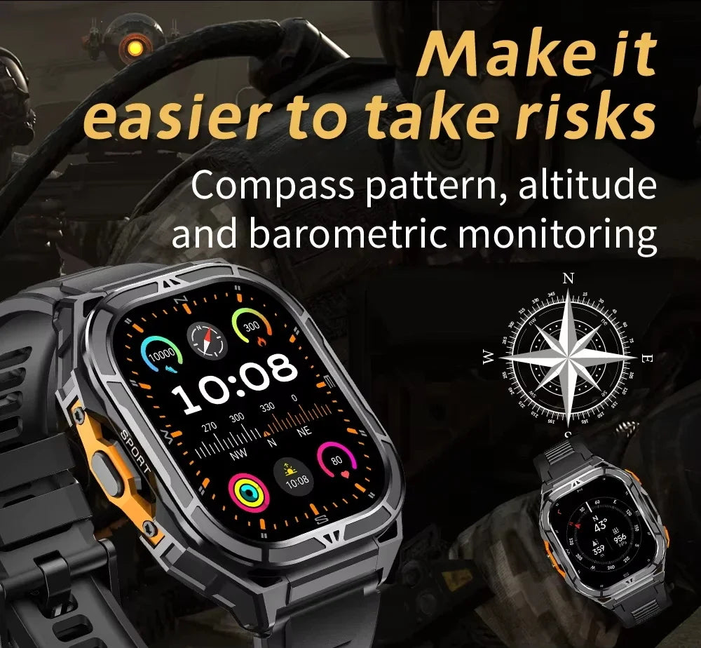 Military GPS Smart Watch - 5ATM Waterproof Bluetooth Call Compass Heart Rate