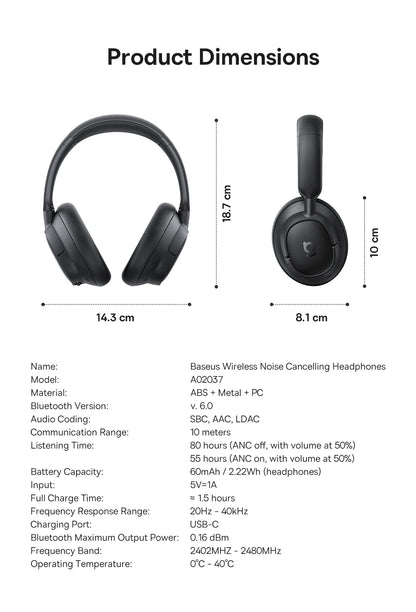 Baseus Bowie H1s Wireless Headphones - 46dB ANC, Hi-Res Spatial Audio, 120H