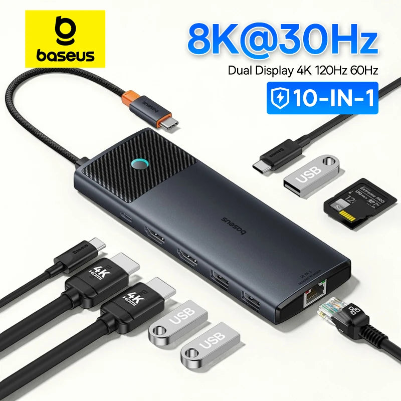 Baseus USB C HUB Dual HDMI 8K 4K Adapter 10-in-1 USB 3.2 10Gbps Splitter with RJ45 SD TF Type C PD 100W for MacBook Pro Air HUB