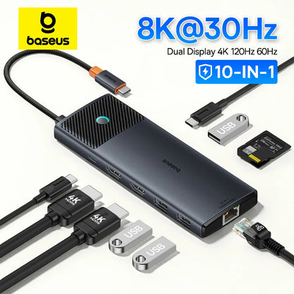Baseus USB C HUB Dual HDMI 8K 4K Adapter 10-in-1 USB 3.2 10Gbps Splitter with RJ45 SD TF Type C PD 100W for MacBook Pro Air HUB