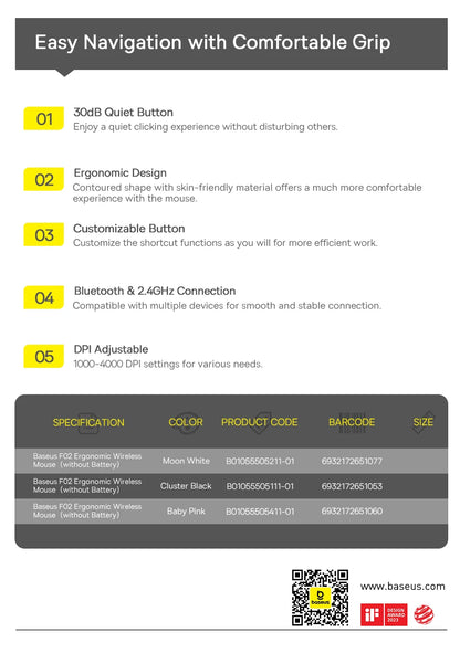 Baseus F02 Wireless Mouse Bluetooth 5.2 2.4G 4000DPI Ergonomic 7 Mute Buttons Mice for iPad MacBook Tablet Laptop Computer Mouse