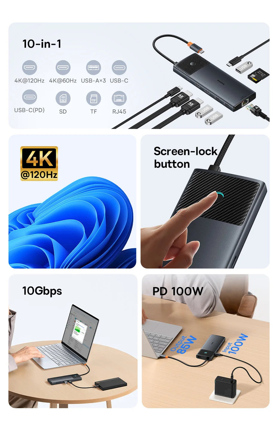 Baseus USB C HUB Dual HDMI 8K 4K Adapter 10-in-1 USB 3.2 10Gbps Splitter with RJ45 SD TF Type C PD 100W for MacBook Pro Air HUB