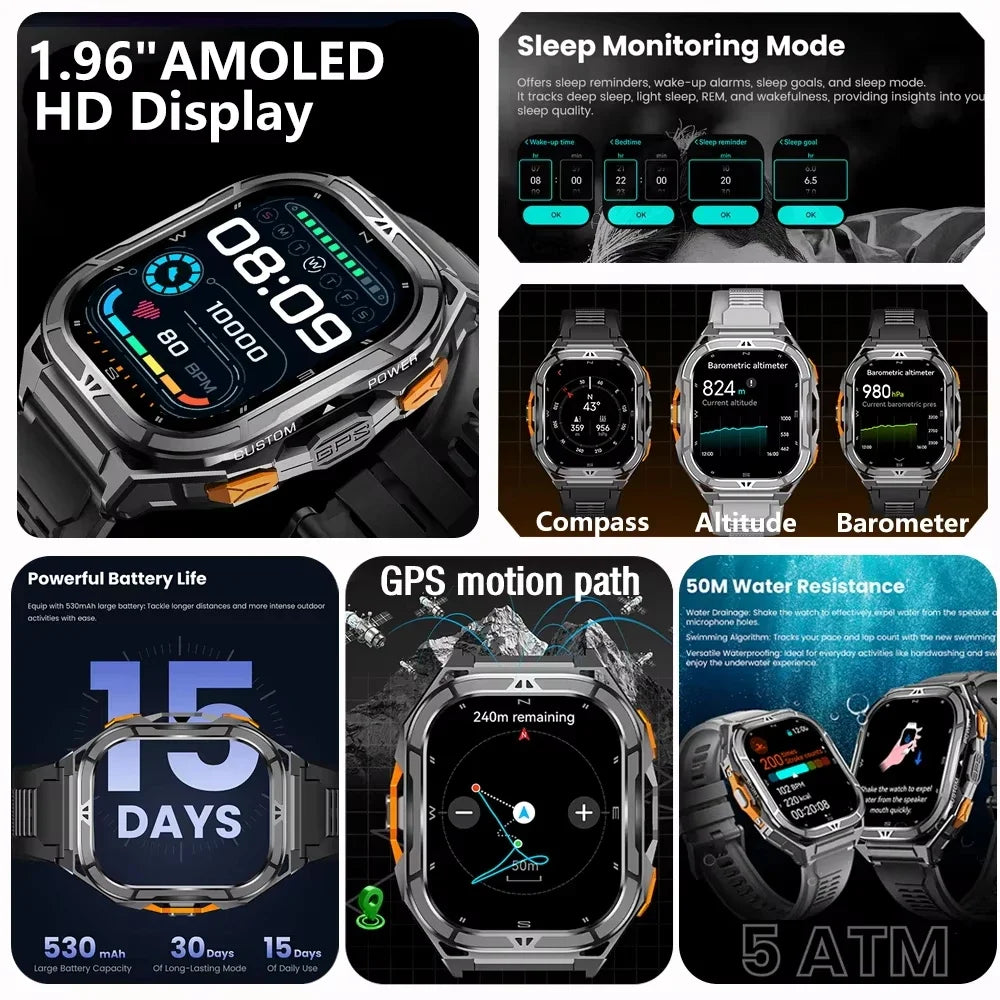Military GPS Smart Watch - 5ATM Waterproof Bluetooth Call Compass Heart Rate