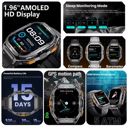 Military GPS Smart Watch - 5ATM Waterproof Bluetooth Call Compass Heart Rate