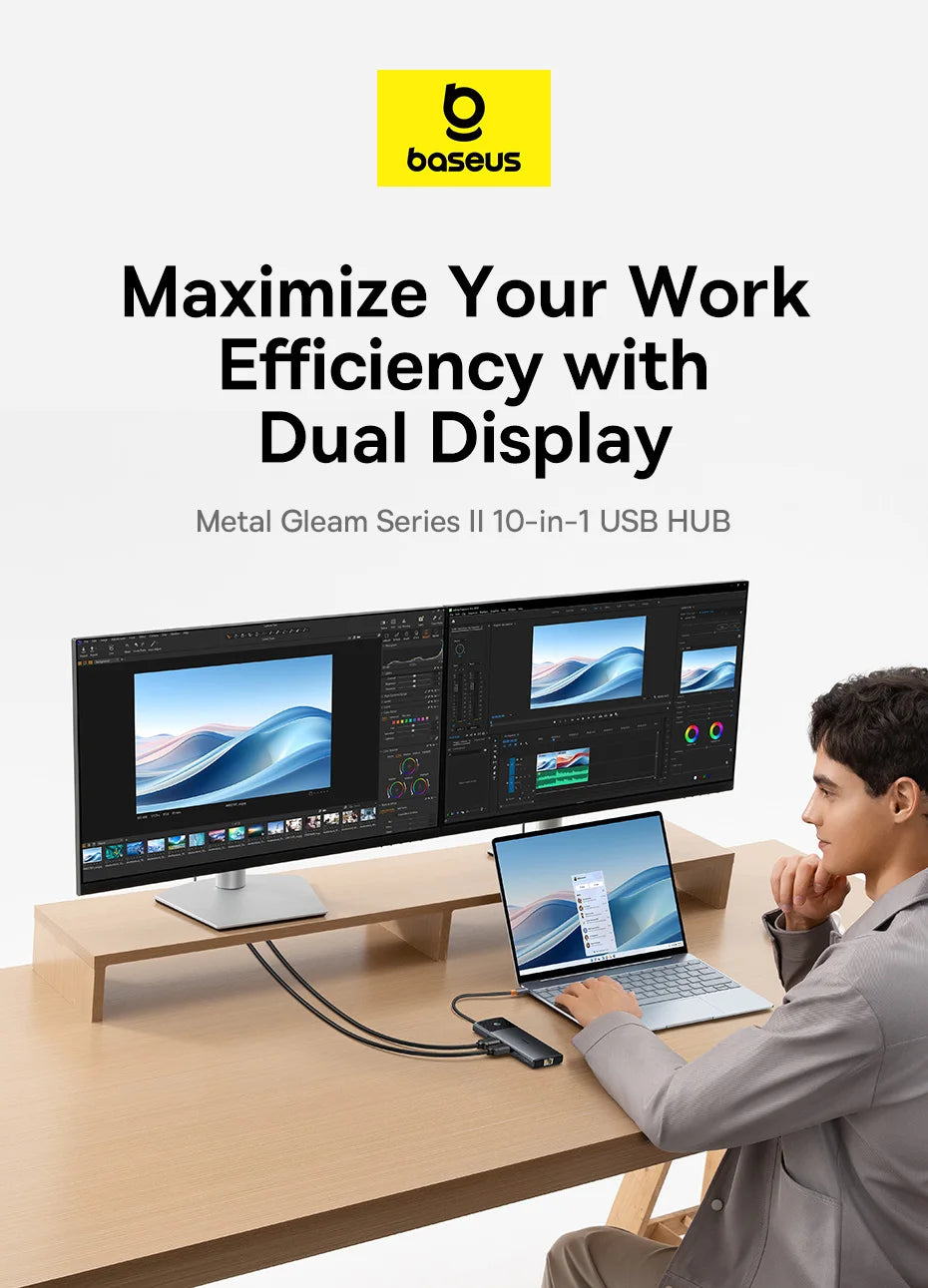 Baseus USB C HUB Dual HDMI 8K 4K Adapter 10-in-1 USB 3.2 10Gbps Splitter with RJ45 SD TF Type C PD 100W for MacBook Pro Air HUB