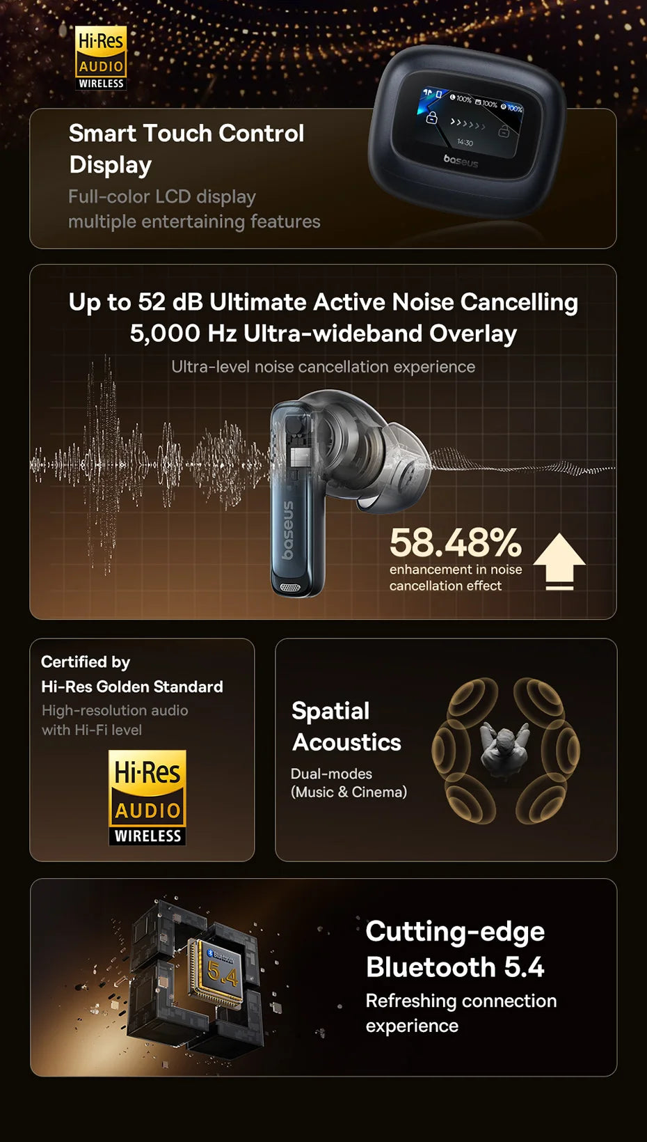 Baseus Bowie M2s Ultra Wireless Earphones Smart Screen 52dB Noise Cancelling Bluetooth 5.4 Headphones 3D Audio Spatial Earbuds