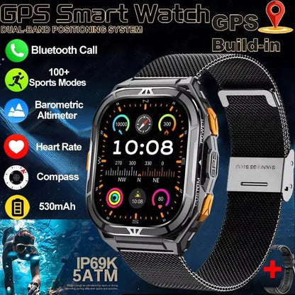 Military GPS Smart Watch - 5ATM Waterproof Bluetooth Call Compass Heart Rate