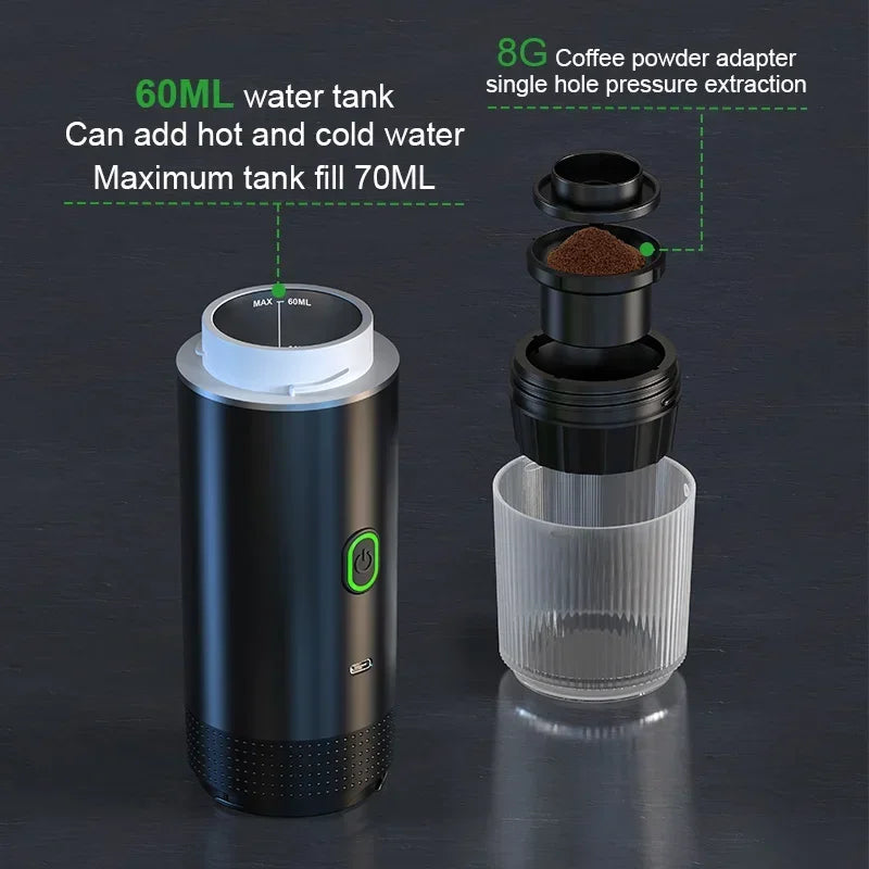 Portable Electric Espresso Maker - 3-in-1 Wireless Coffee Machine for Car Travel