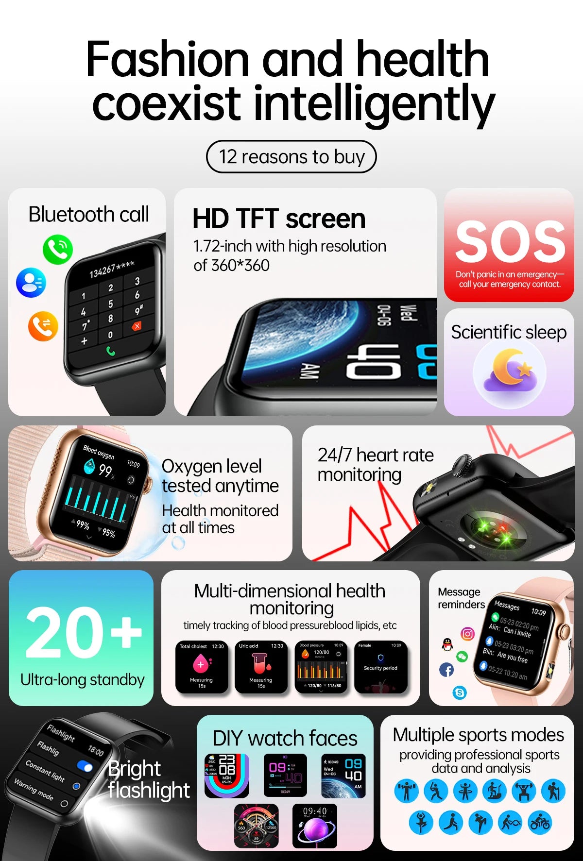 AI Smart Watch - HRV+PPG Blood Pressure Monitor, IP68 Waterproof