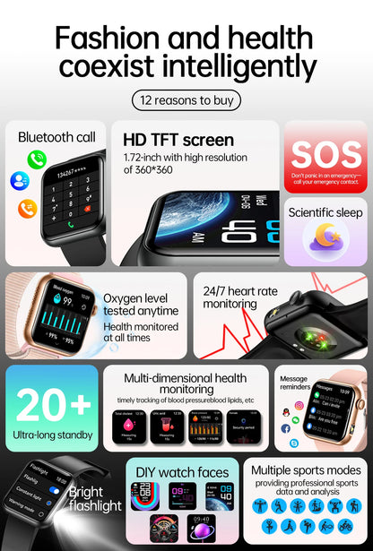 AI Smart Watch - HRV+PPG Blood Pressure Monitor, IP68 Waterproof