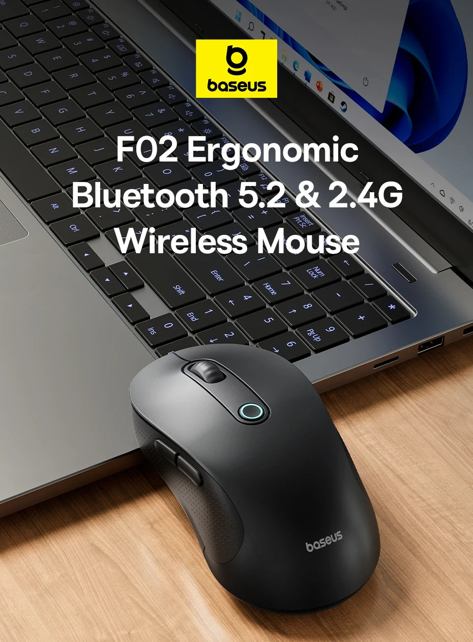 Baseus F02 Wireless Mouse Bluetooth 5.2 2.4G 4000DPI Ergonomic 7 Mute Buttons Mice for iPad MacBook Tablet Laptop Computer Mouse