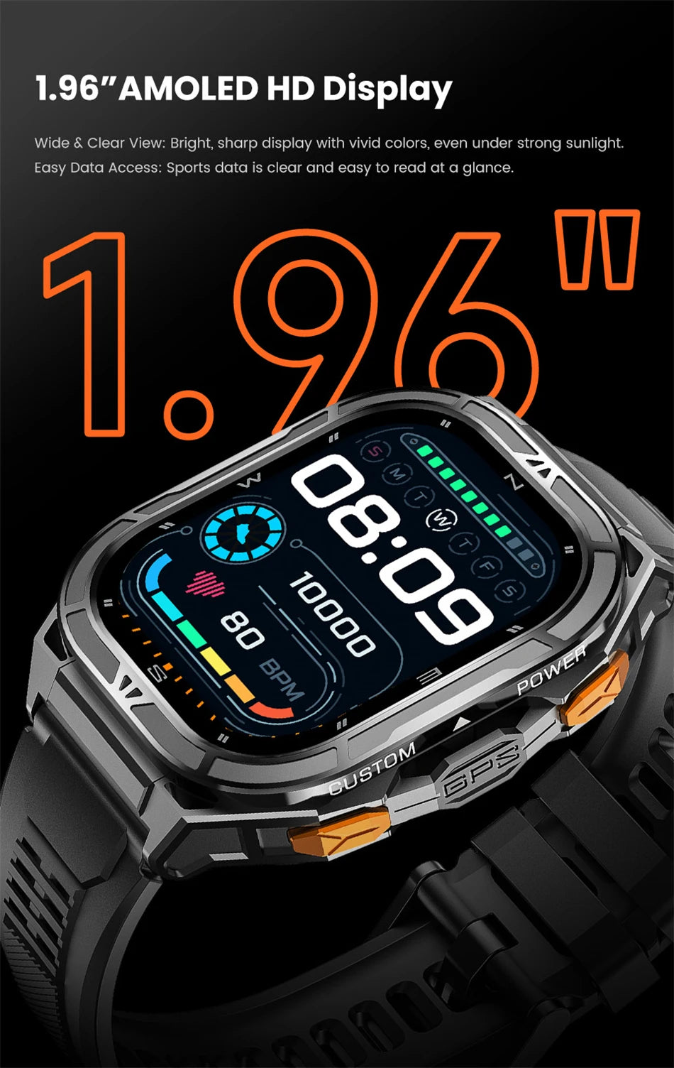 Military GPS Smart Watch - 5ATM Waterproof Bluetooth Call Compass Heart Rate