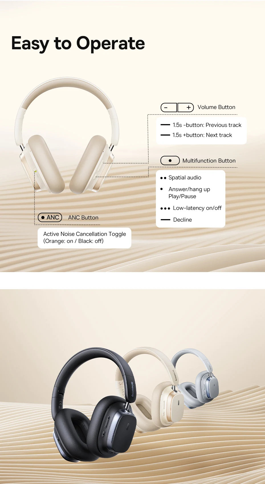 Baseus Bowie H1s Wireless Headphones - 46dB ANC, Hi-Res Spatial Audio, 120H