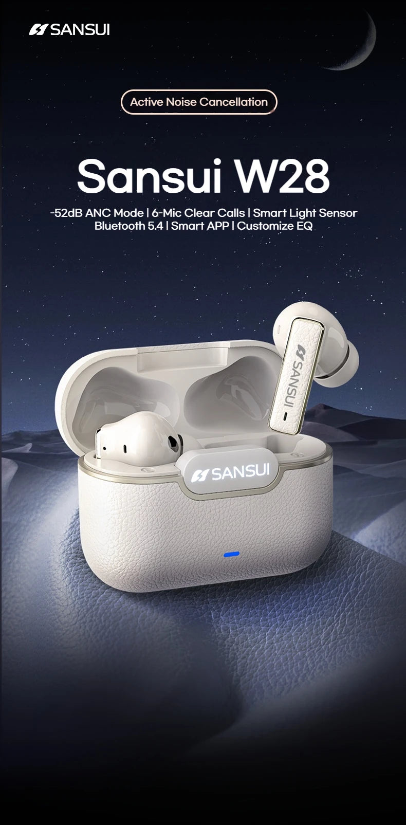 Sansui ANC Bluetooth TWS Earbuds -52dB Active Noise Cancelling Bluetooth 5.4 Headphone Ture Wireless Earphones 6 Mic HD Calls