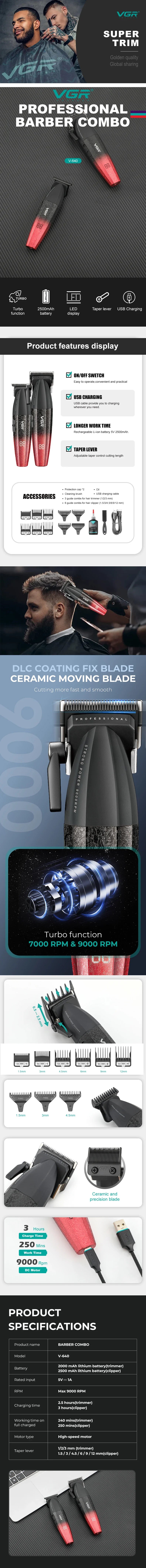 VGR V-640 Professional Hair Clipper - 9000 RPM Rechargeable Trimmer for Men