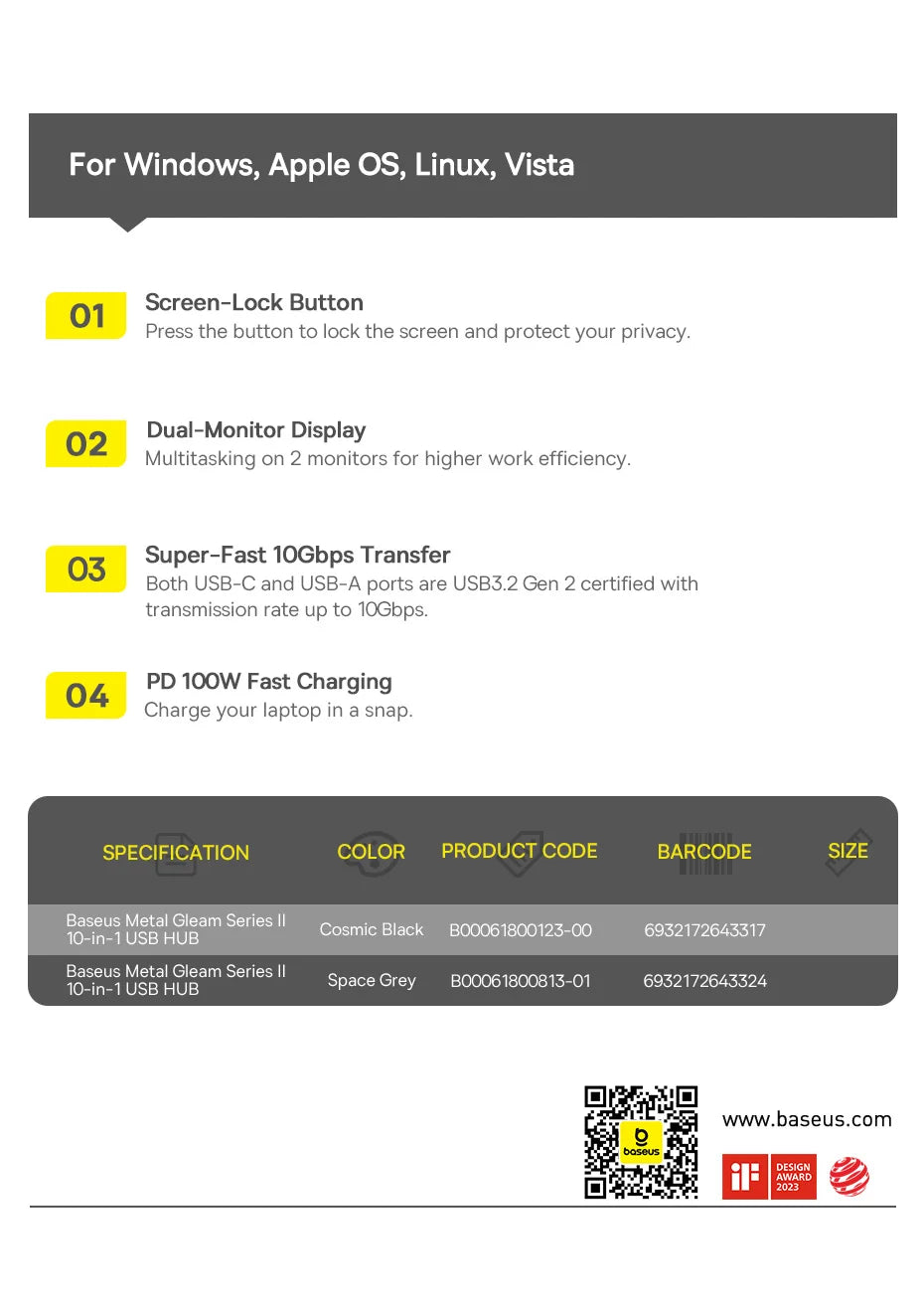 Baseus USB C HUB Dual HDMI 8K 4K Adapter 10-in-1 USB 3.2 10Gbps Splitter with RJ45 SD TF Type C PD 100W for MacBook Pro Air HUB