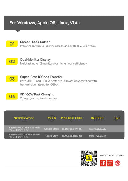 Baseus USB C HUB Dual HDMI 8K 4K Adapter 10-in-1 USB 3.2 10Gbps Splitter with RJ45 SD TF Type C PD 100W for MacBook Pro Air HUB