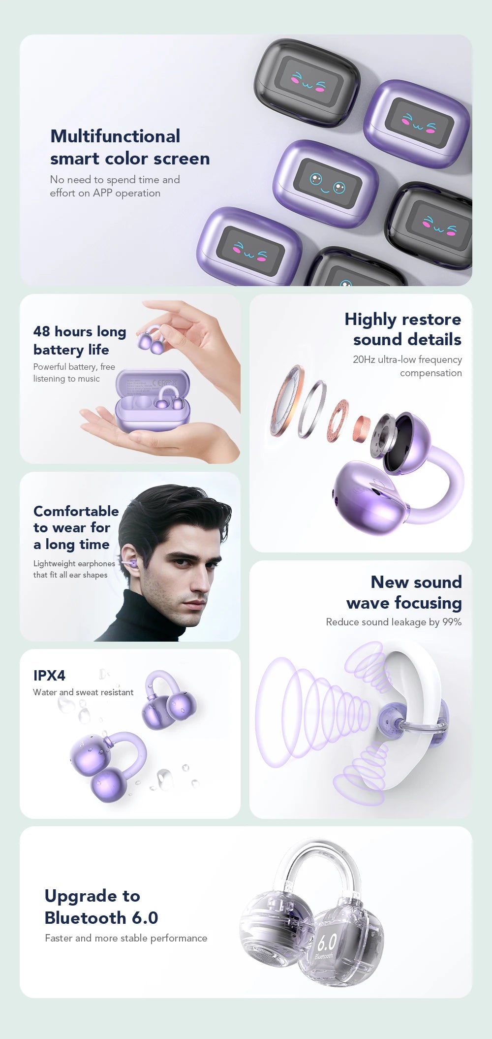 HTC NE54 AI Translator Earbuds - LCD Screen, Ear Clip Design
