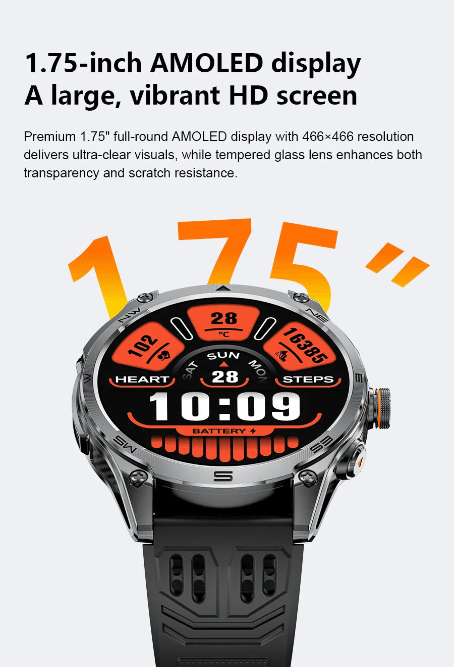 Men's GPS Smartwatch - 1.75" AMOLED, 10ATM, 1000mAh Battery