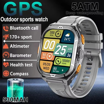 Military GPS Smart Watch - 5ATM Waterproof Bluetooth Call Compass Heart Rate