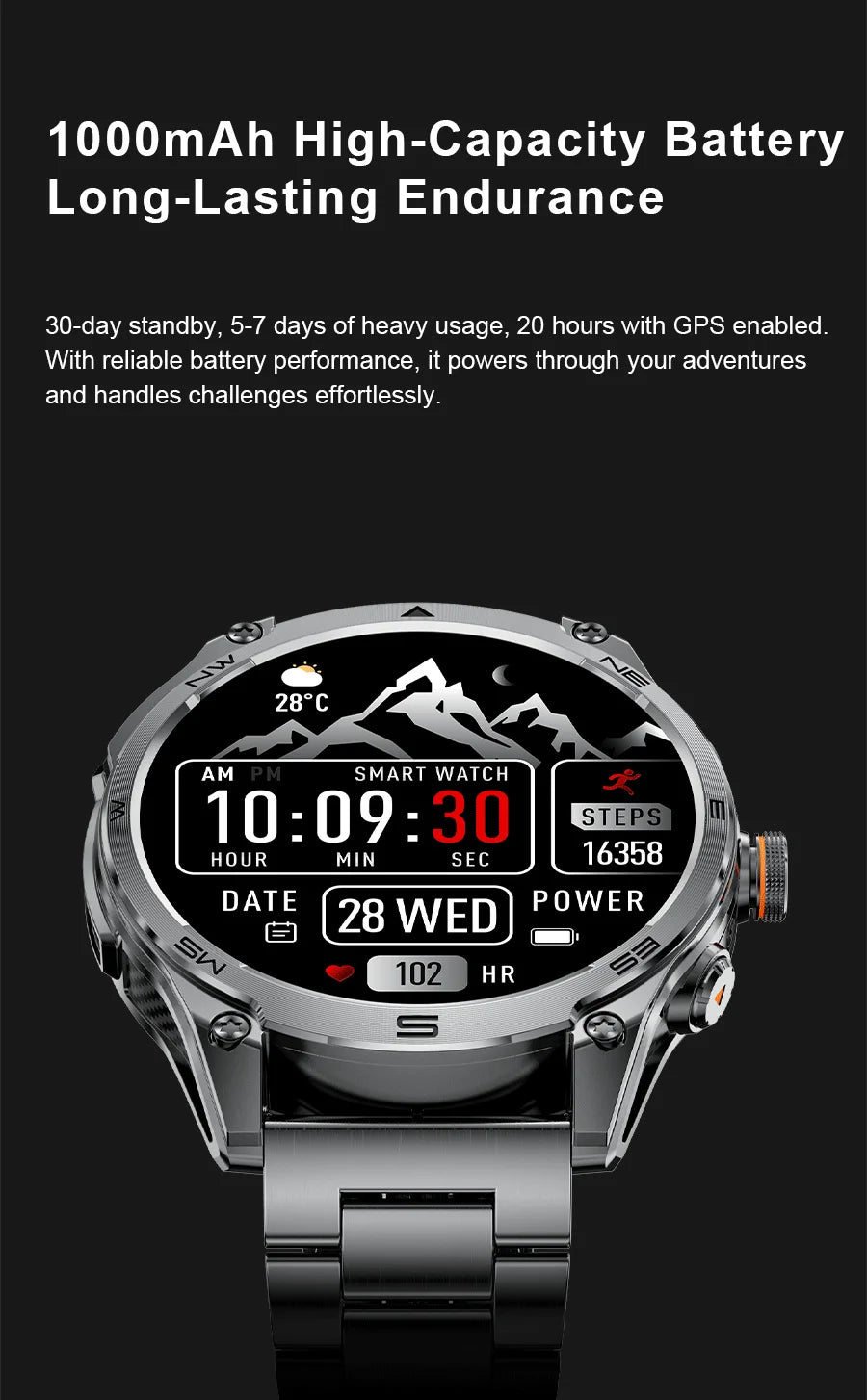 Men's GPS Smartwatch - 1.75" AMOLED, 10ATM, 1000mAh Battery