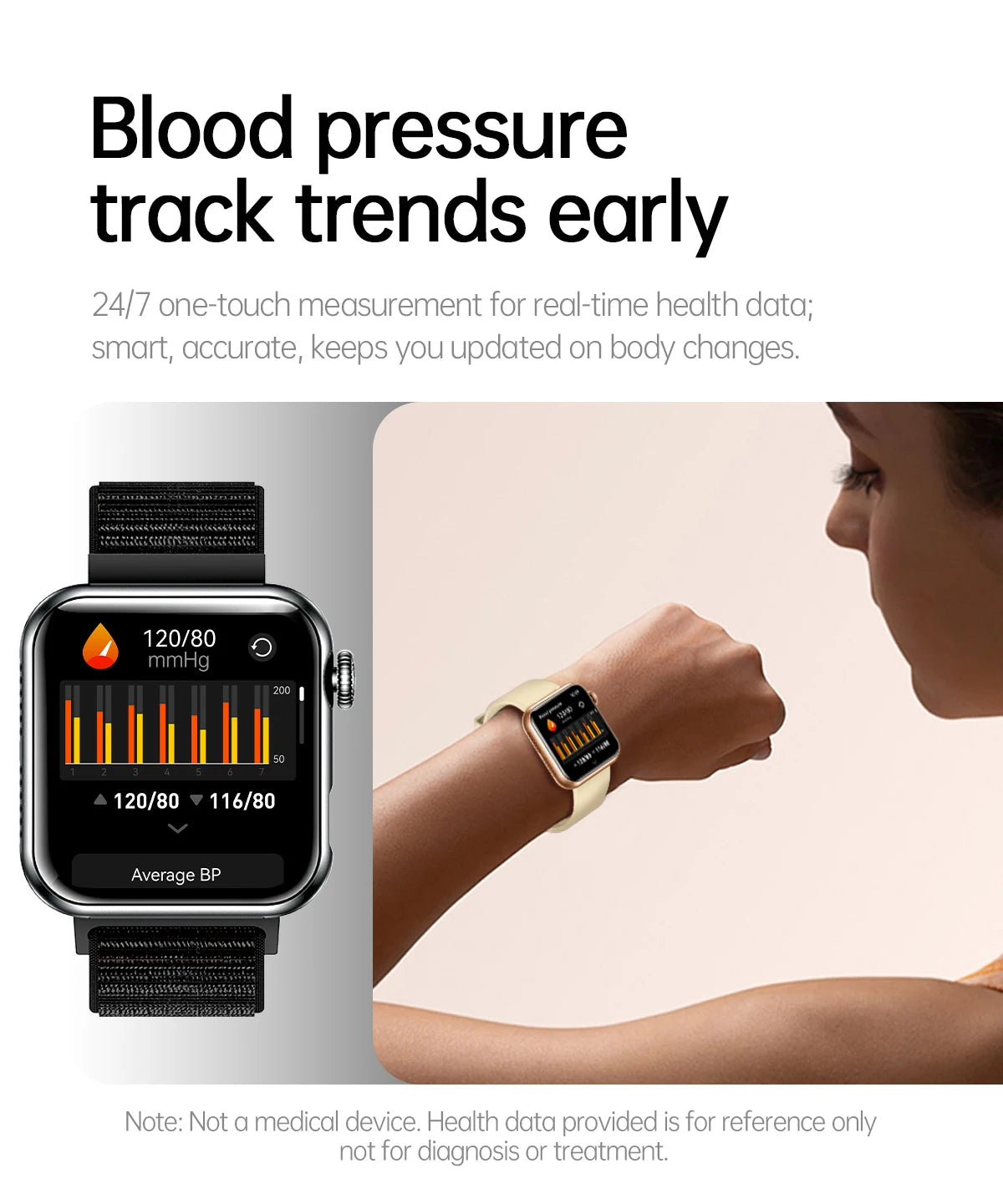 AI Smart Watch - HRV+PPG Blood Pressure Monitor, IP68 Waterproof