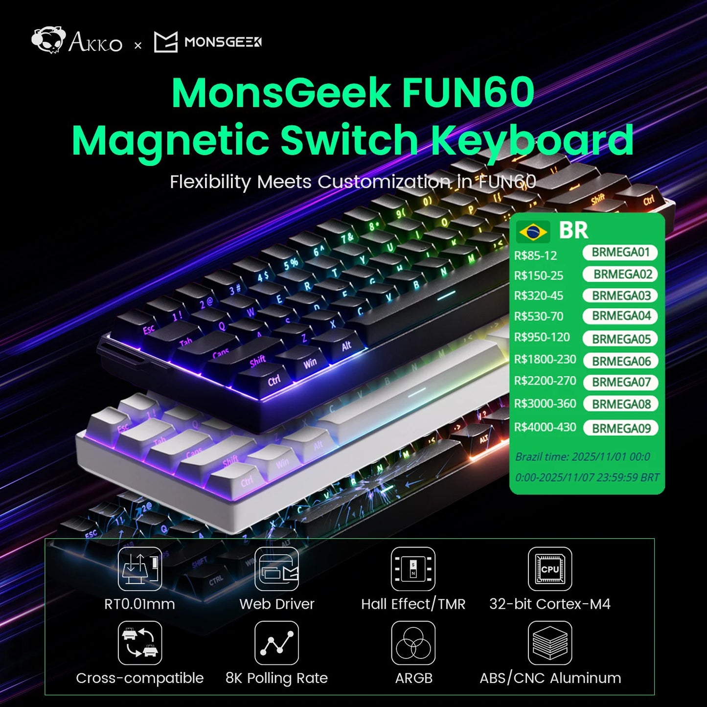 Akko MonsGeek FUN60 Mechanical Keyboard Magnetic Switch 60% Gaming Keyboards Rapid Trigger 0.01mm 8K ARGB HE/TMR Custom Keyboard